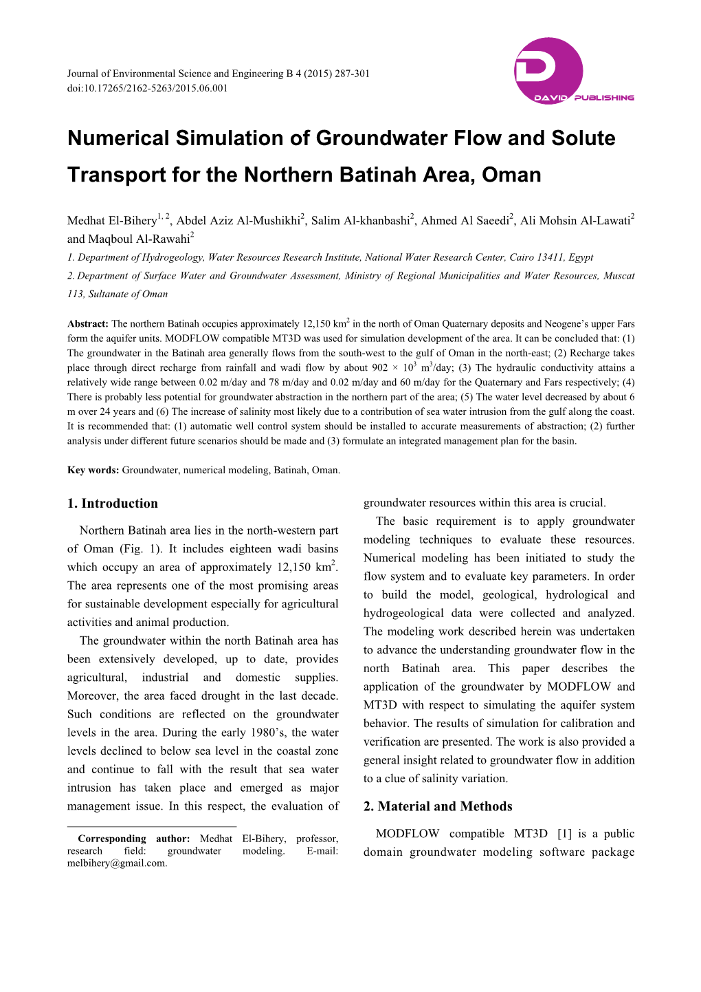 Numerical Simulation of Groundwater Flow and Solute Transport for the Northern Batinah Area, Oman