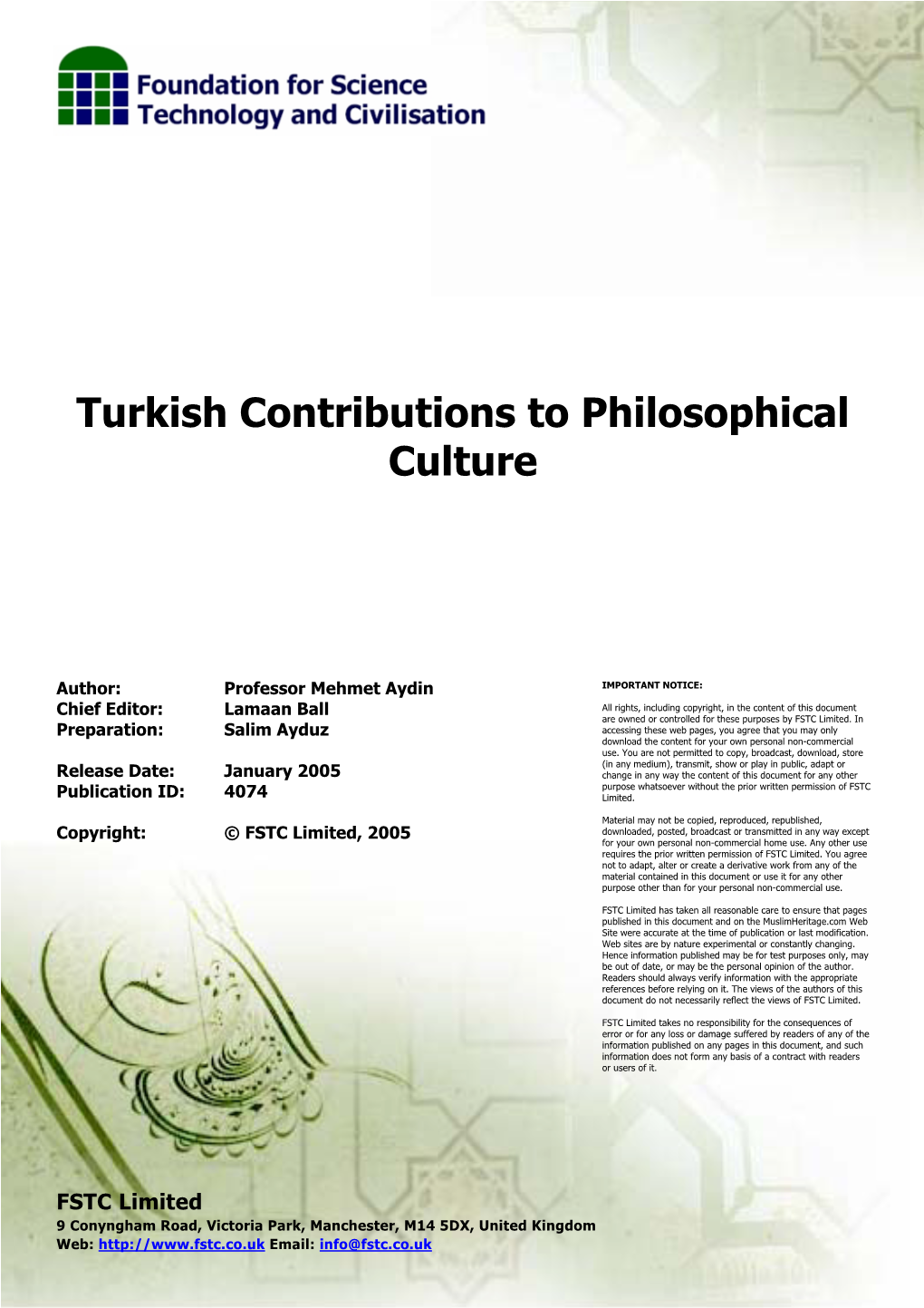 Turkish Contributions to Philosophical Culture January 2005