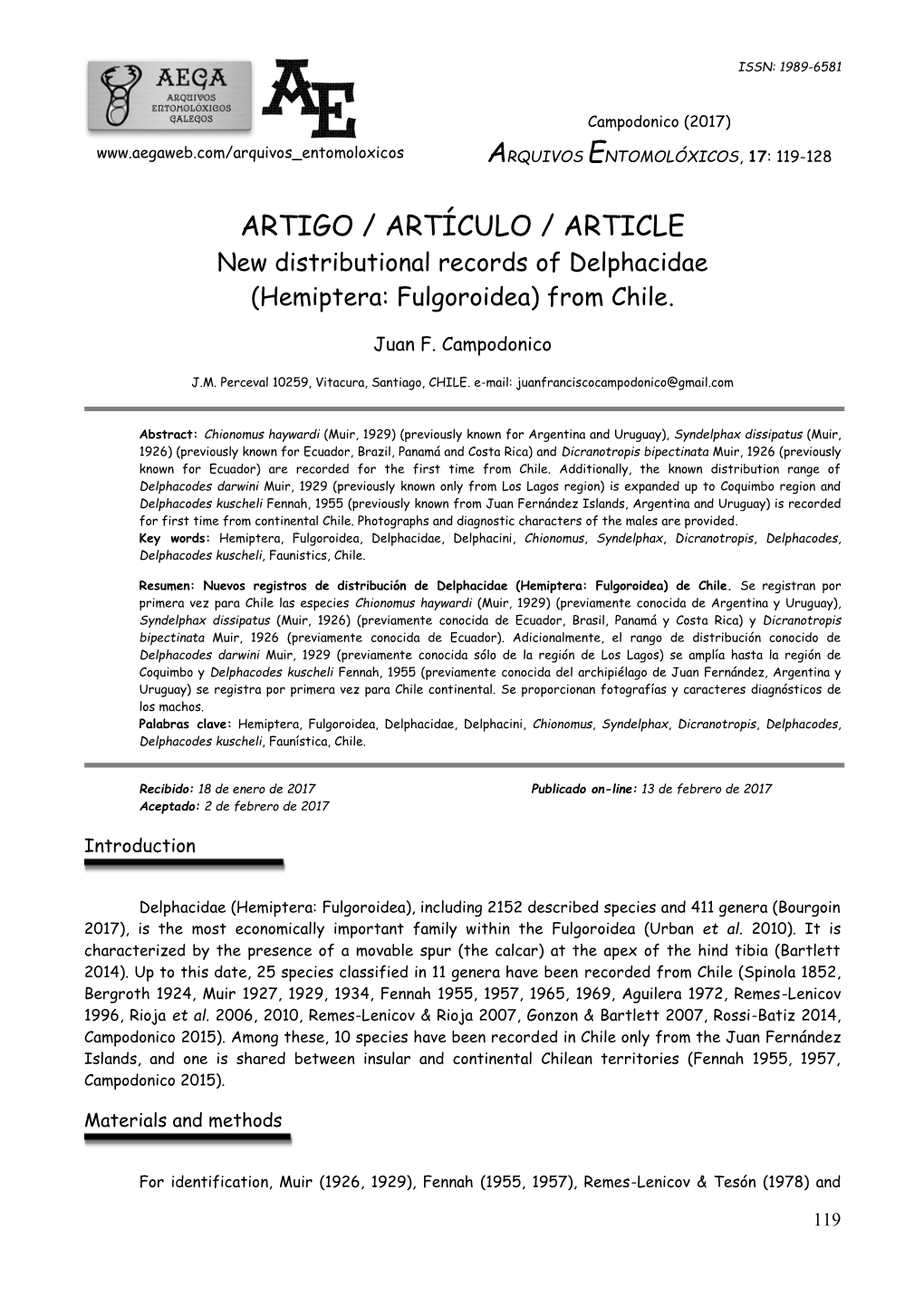 ARTIGO / ARTÍCULO / ARTICLE New Distributional Records of Delphacidae (Hemiptera: Fulgoroidea) from Chile