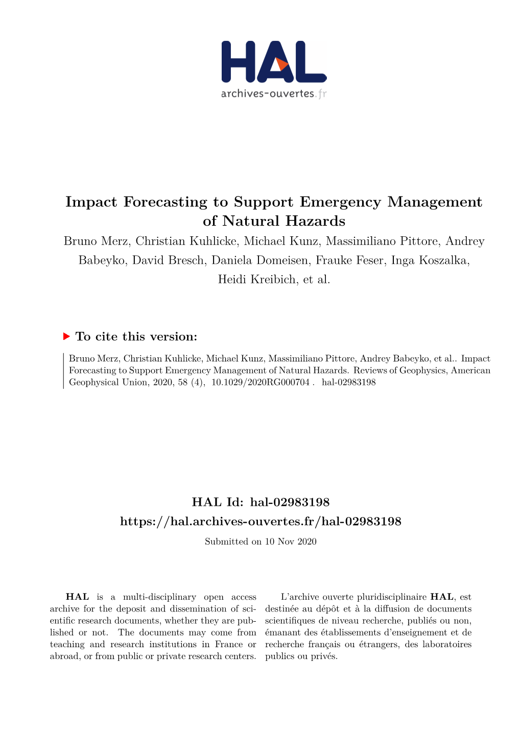 Impact Forecasting to Support Emergency Management of Natural