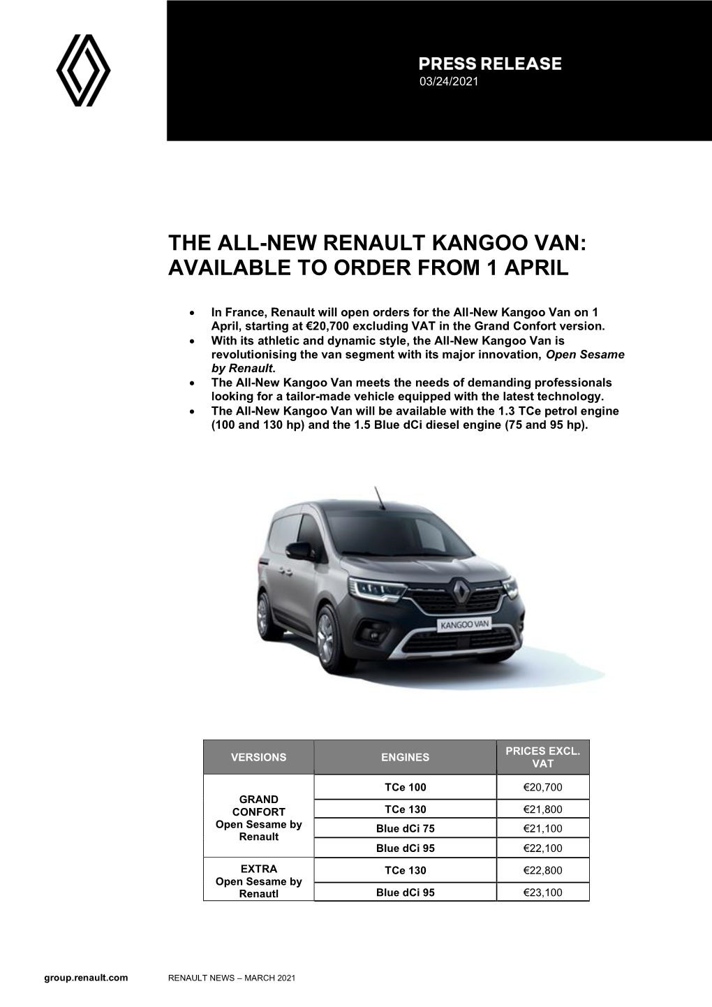 The All-New Renault Kangoo Van: Available to Order from 1 April