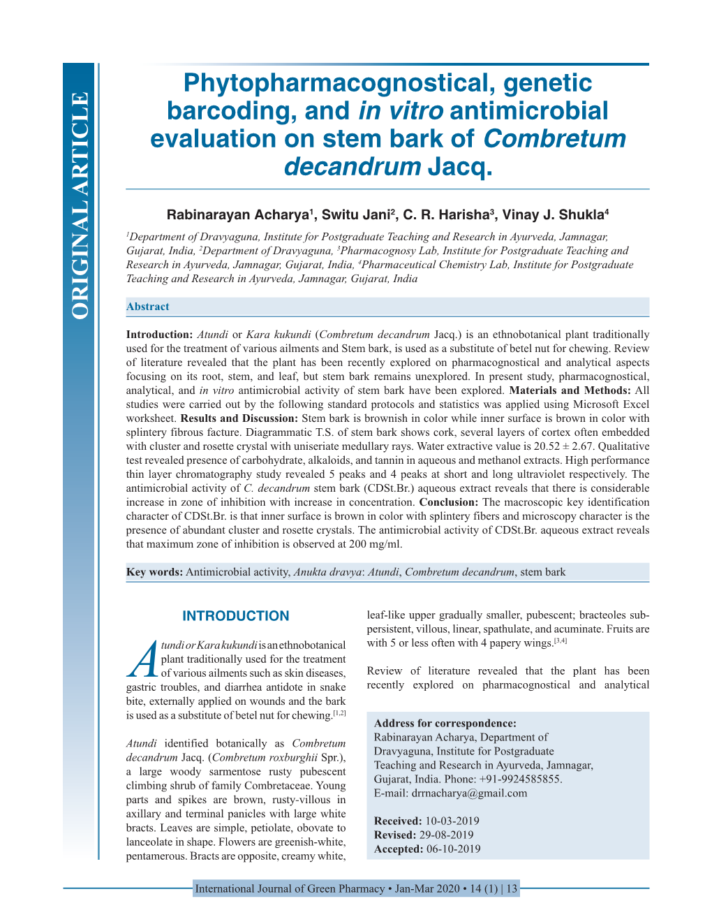 Phytopharmacognostical, Genetic Barcoding, and in Vitro Antimicrobial Evaluation on Stem Bark of Combretum Decandrum Jacq