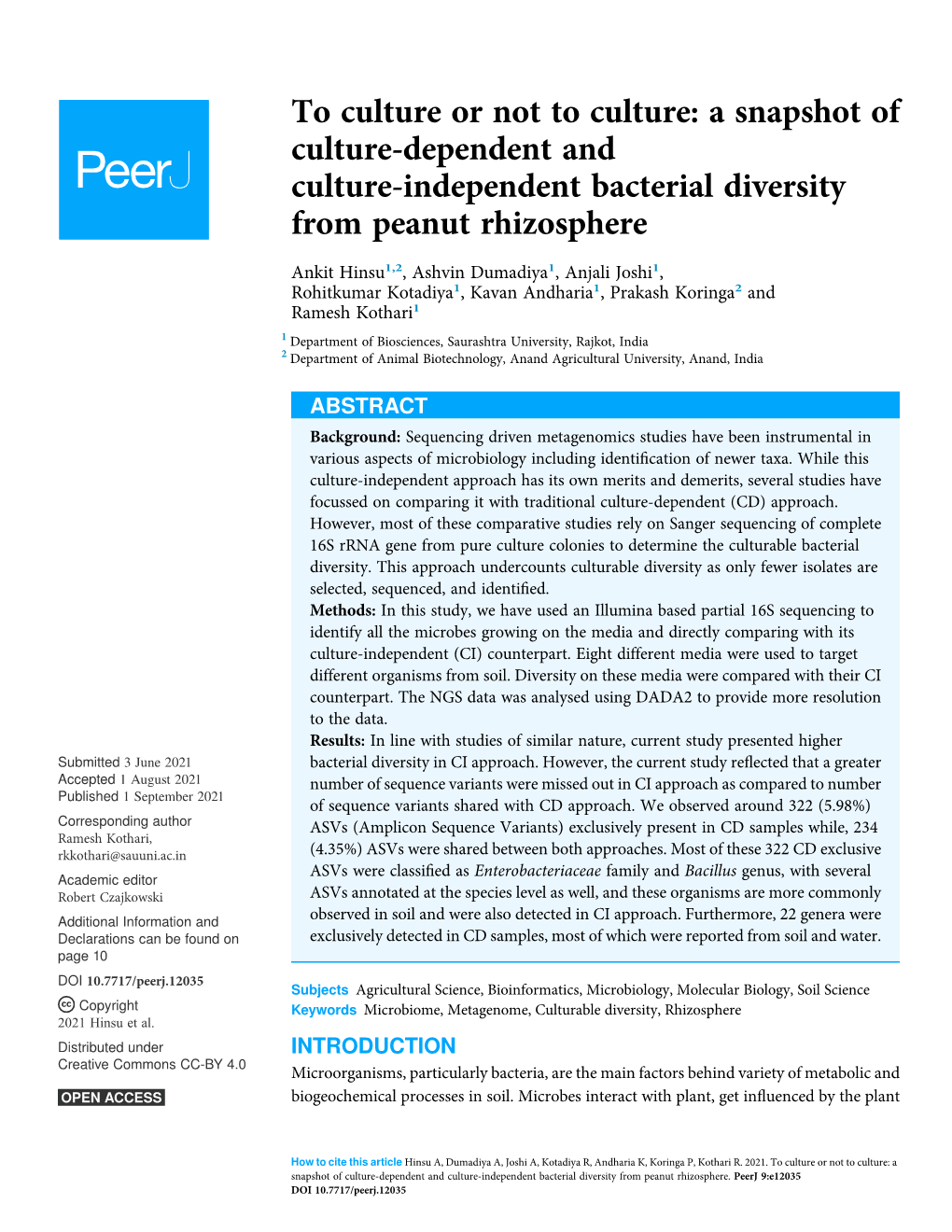 A Snapshot of Culture-Dependent and Culture-Independent Bacterial Diversity from Peanut Rhizosphere