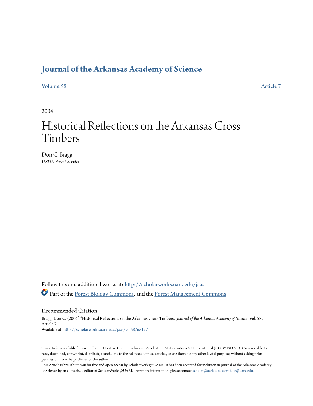 Historical Reflections on the Arkansas Cross Timbers Don C