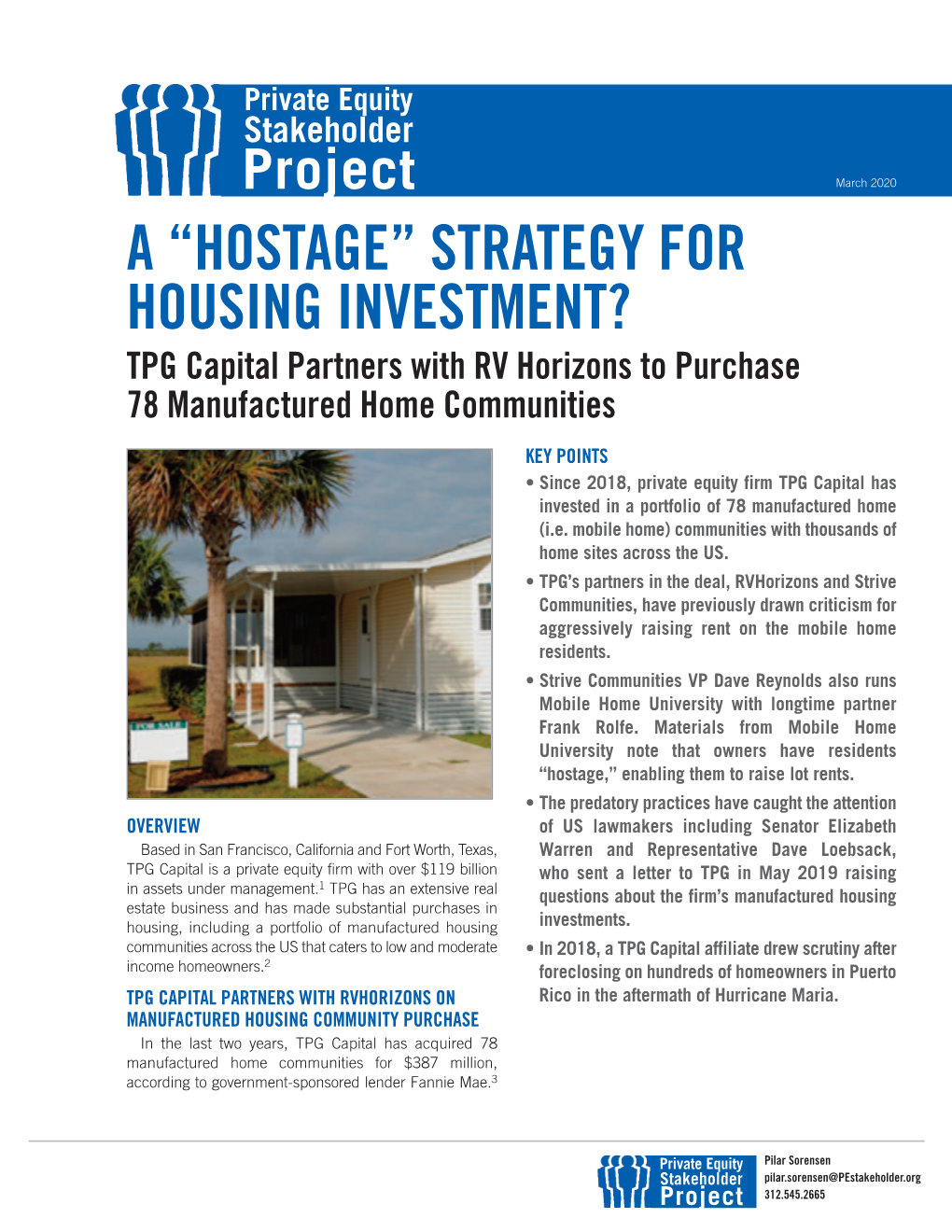 A “HOSTAGE” STRATEGY for HOUSING INVESTMENT? TPG Capital Partners with RV Horizons to Purchase 78 Manufactured Home Communities
