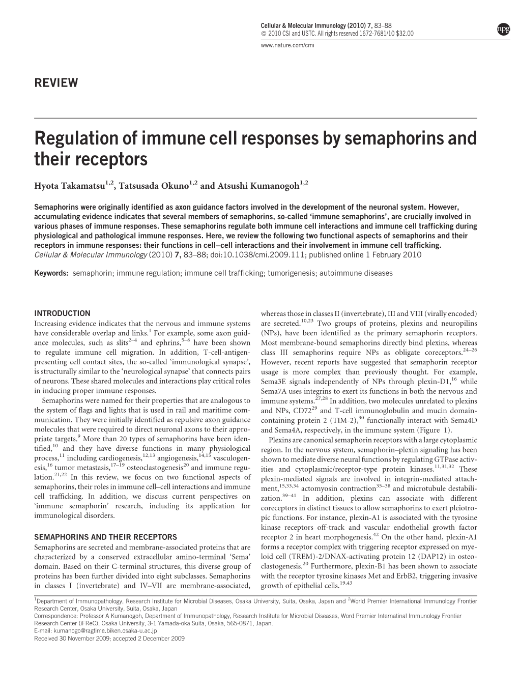 Regulation of Immune Cell Responses by Semaphorins and Their Receptors