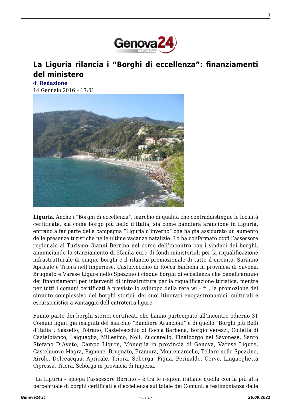 La Liguria Rilancia I “Borghi Di Eccellenza”: Finanziamenti Del Ministero