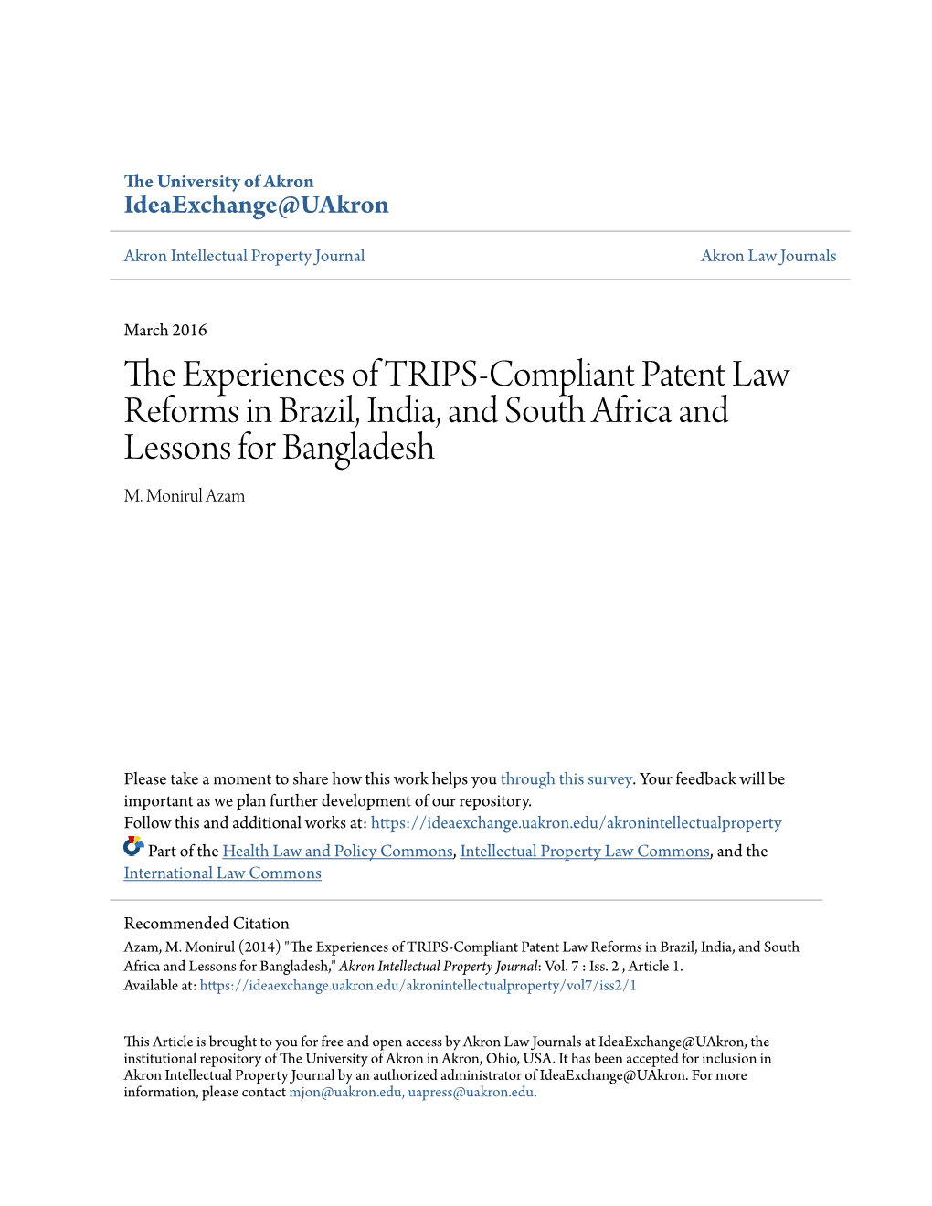 The Experiences of TRIPS-Compliant Patent Law Reforms in Brazil, India, and South Africa and Lessons for Bangladesh M