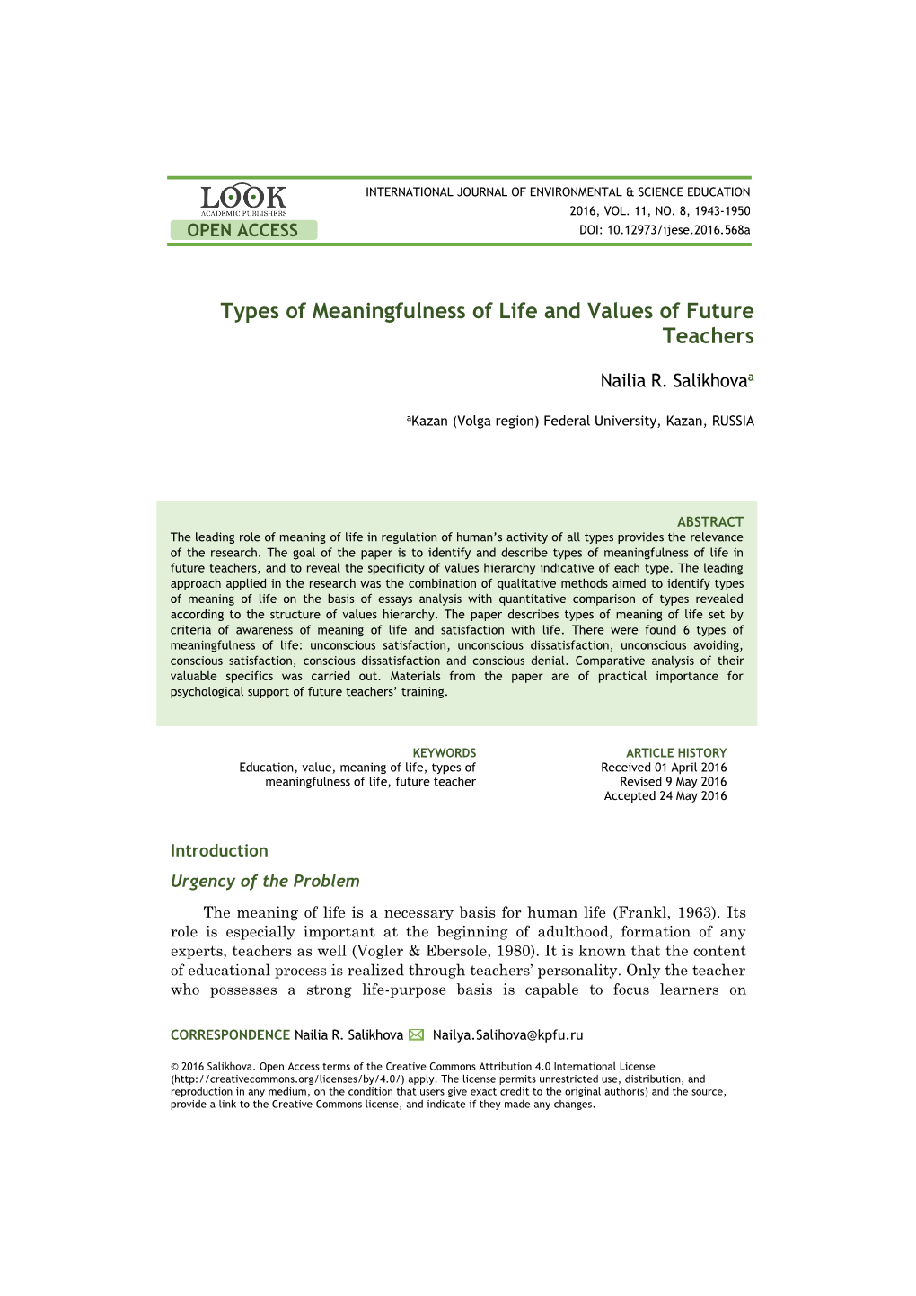 Types of Meaningfulness of Life and Values of Future Teachers