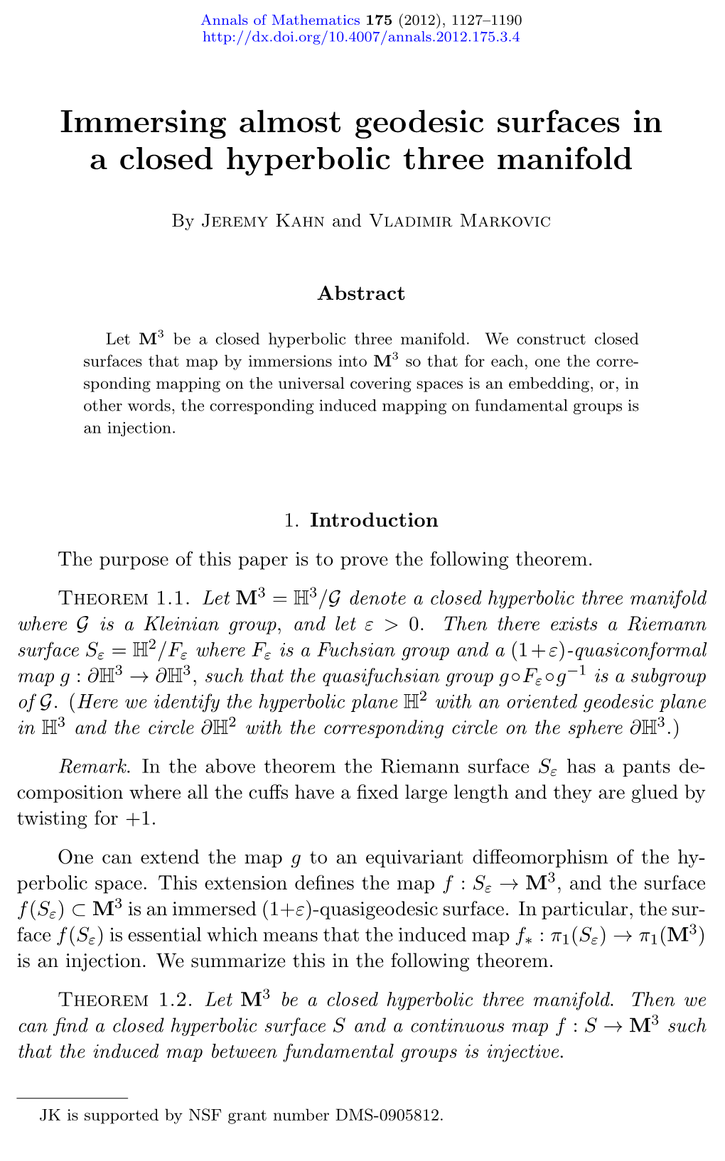 Immersing Almost Geodesic Surfaces in a Closed Hyperbolic Three Manifold