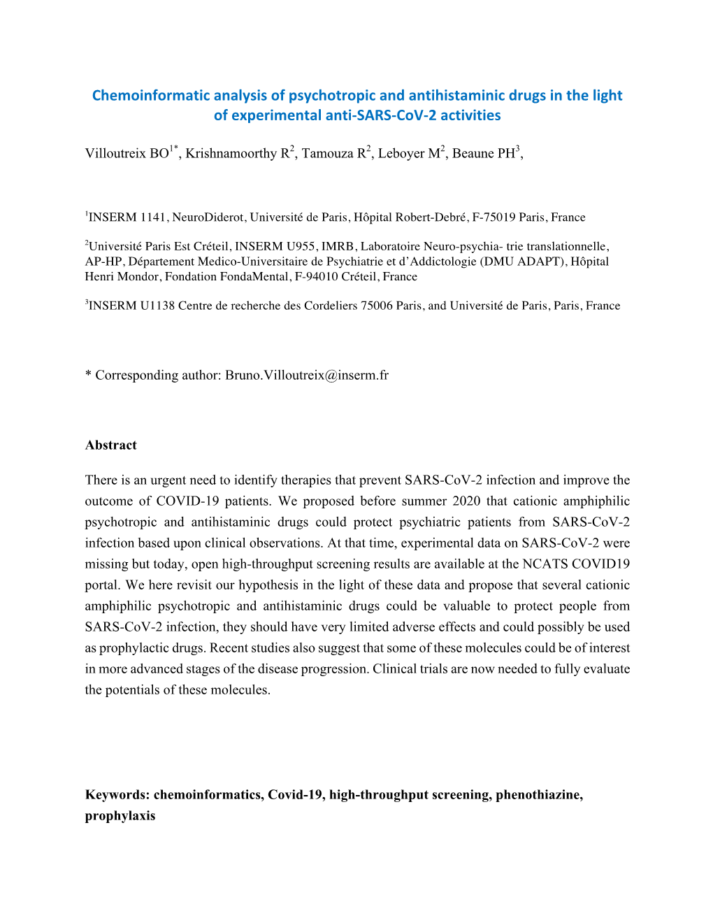 Chemoinformatic Analysis of Psychotropic and Antihistaminic Drugs in the Light of Experimental Anti-SARS-Cov-2 Activities