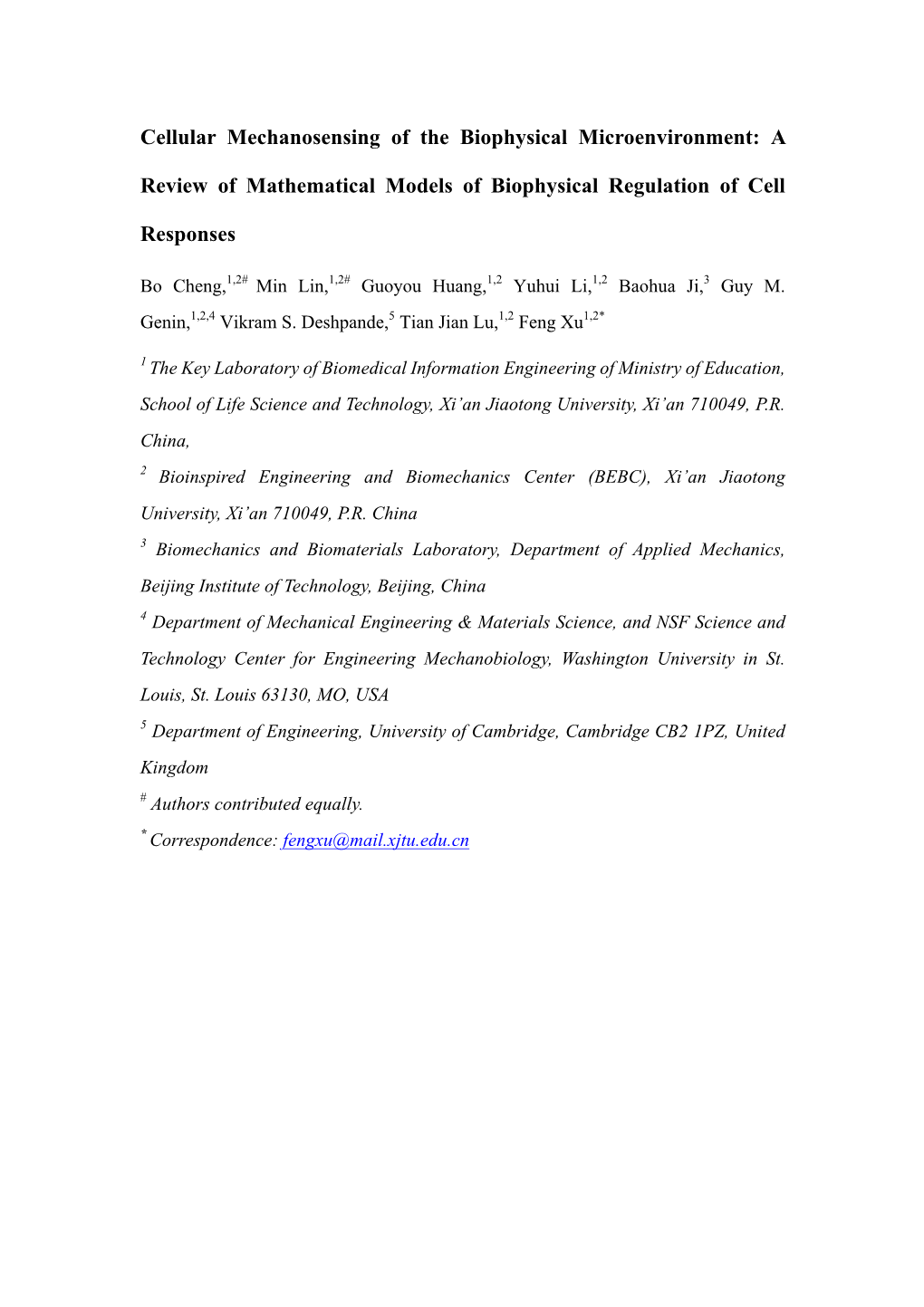 A Review of Mathematical Models of Biophysical Regulation of Cell Responses