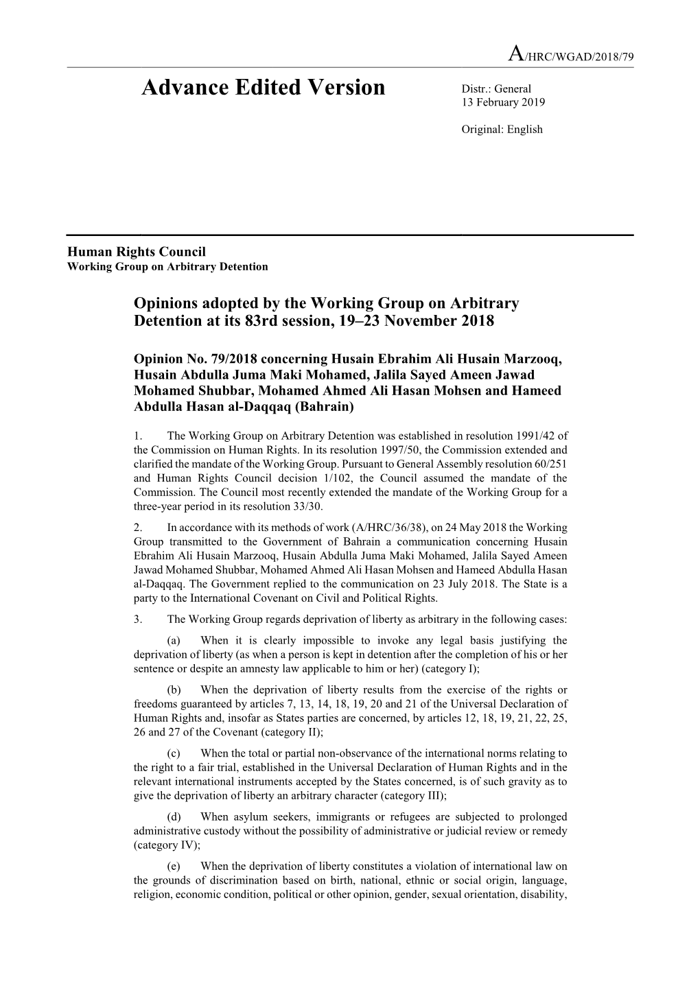 Opinions Adopted by the Working Group on Arbitrary Detention at Its 83Rd Session, 19–23 November 2018