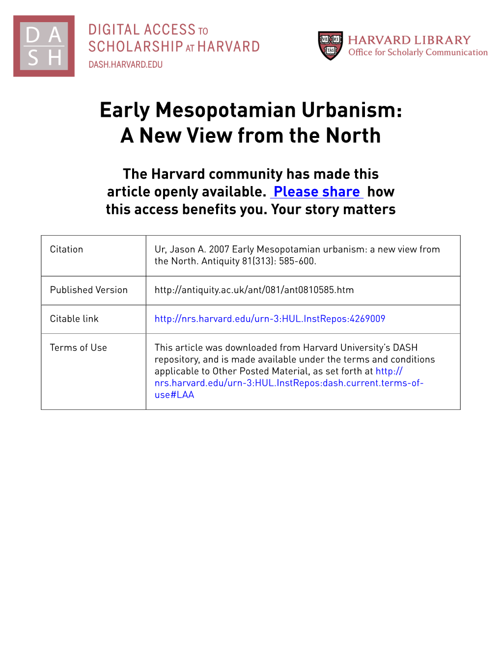 Early Mesopotamian Urbanism: a New View from the North