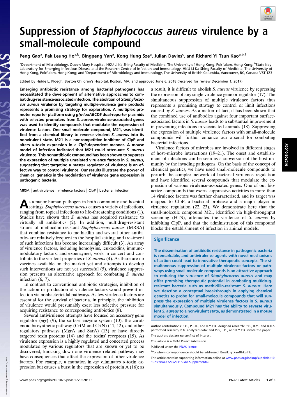 Suppression of Staphylococcus Aureus Virulence by a Small-Molecule Compound