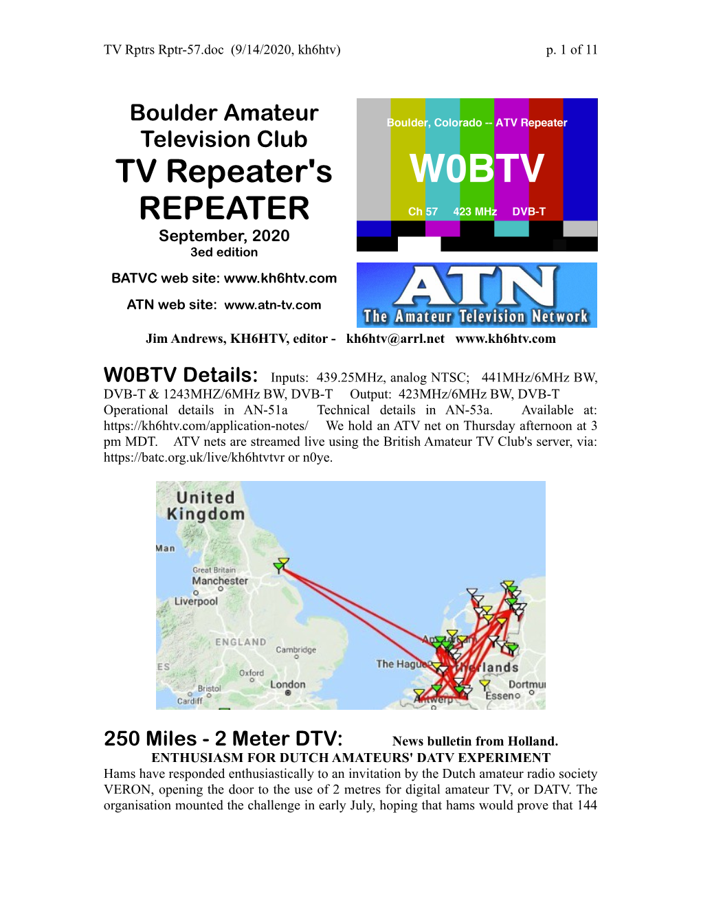 Boulder Amateur Television Club TV Repeater's REPEATER September, 2020 3Ed Edition BATVC Web Site