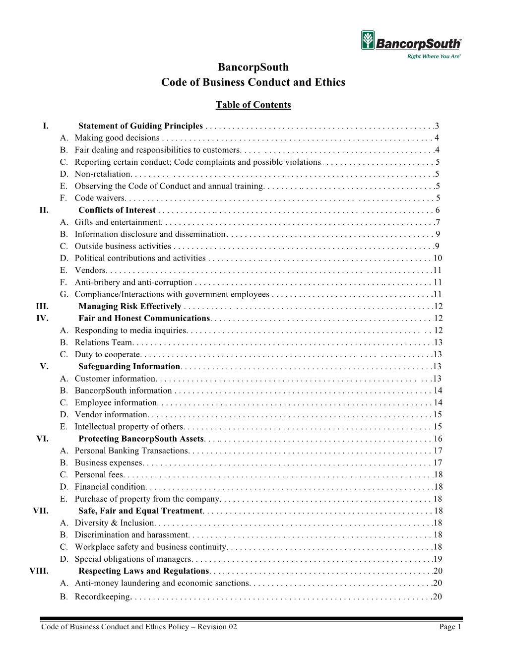 Bancorpsouth Code of Business Conduct and Ethics