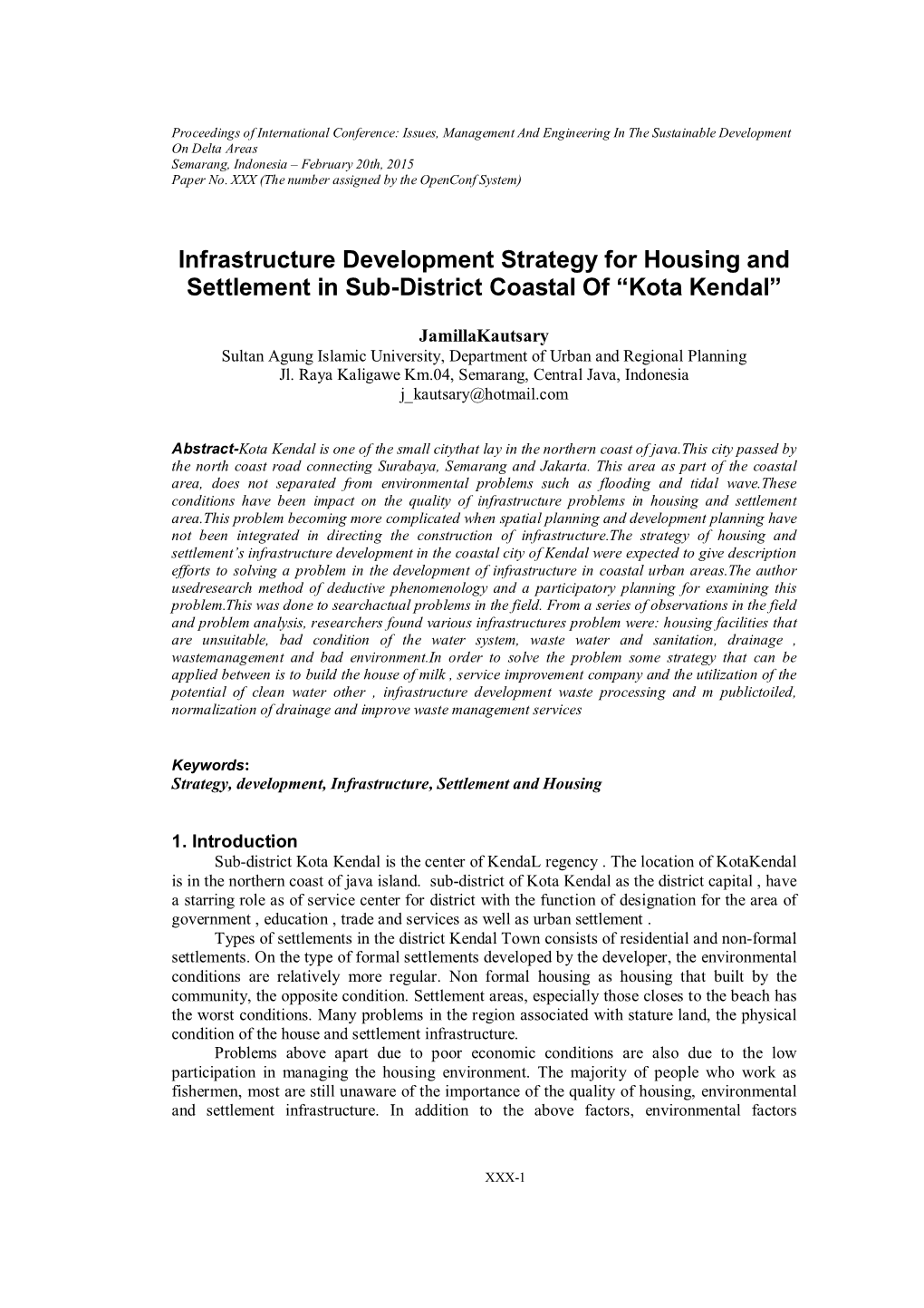 Infrastructure Development Strategy for Housing and Settlement in Sub-District Coastal of “Kota Kendal”