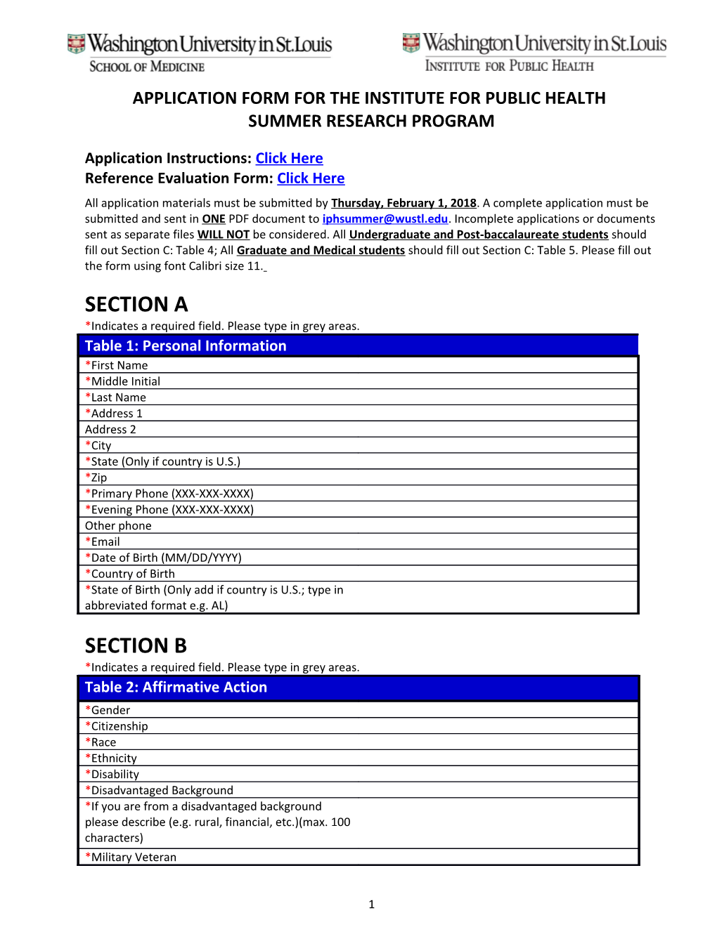 Application Form for the Institute for Public Health Summer Research Program