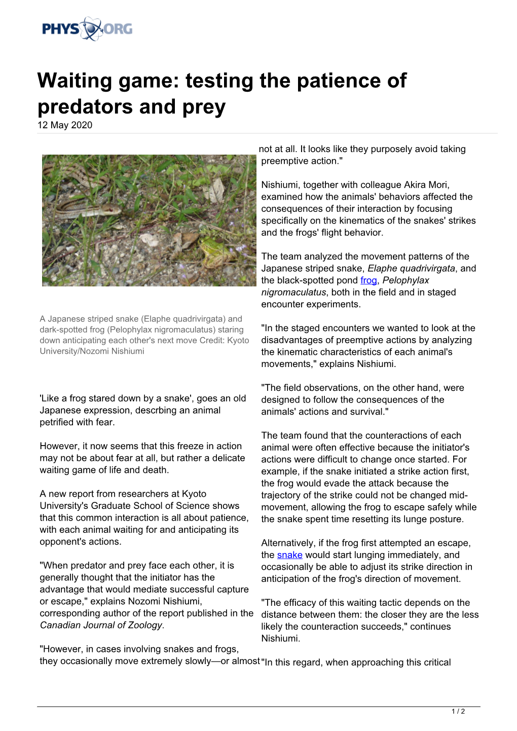 Waiting Game: Testing the Patience of Predators and Prey 12 May 2020