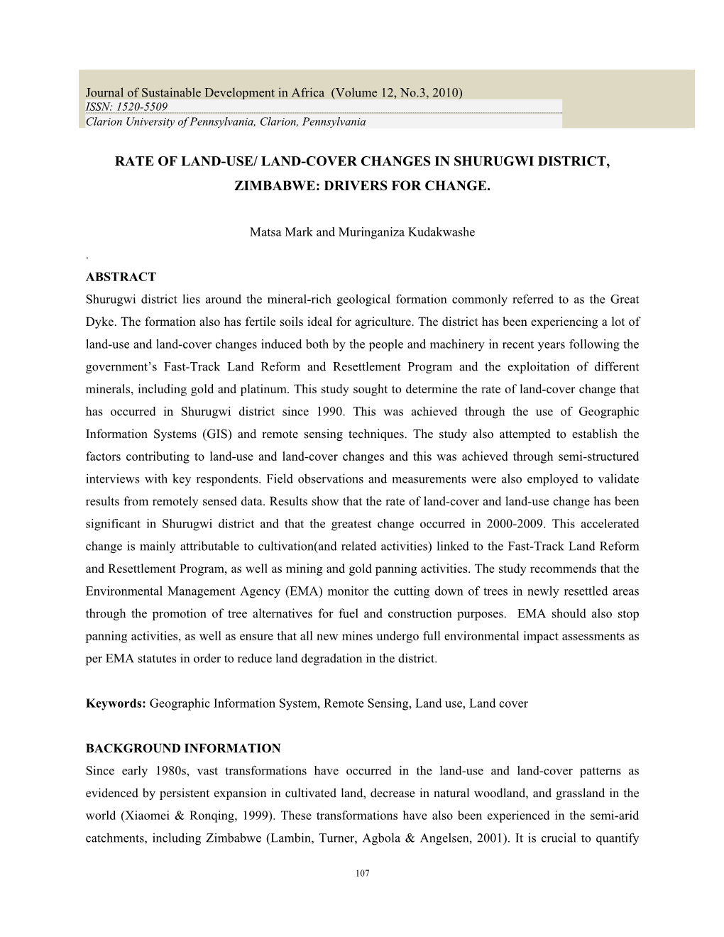 Land-Cover Changes in Shurugwi District, Zimbabwe: Drivers for Change