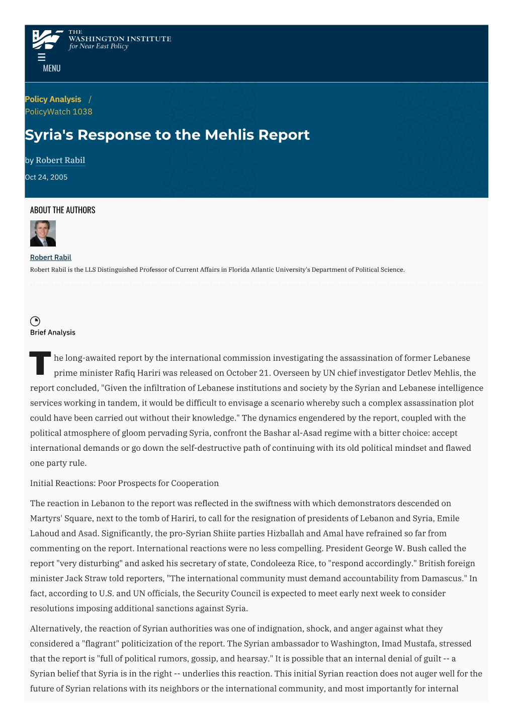 Syria's Response to the Mehlis Report | the Washington Institute