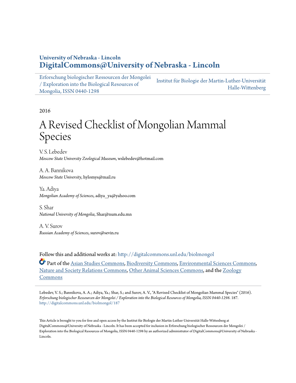 A Revised Checklist of Mongolian Mammal Species V