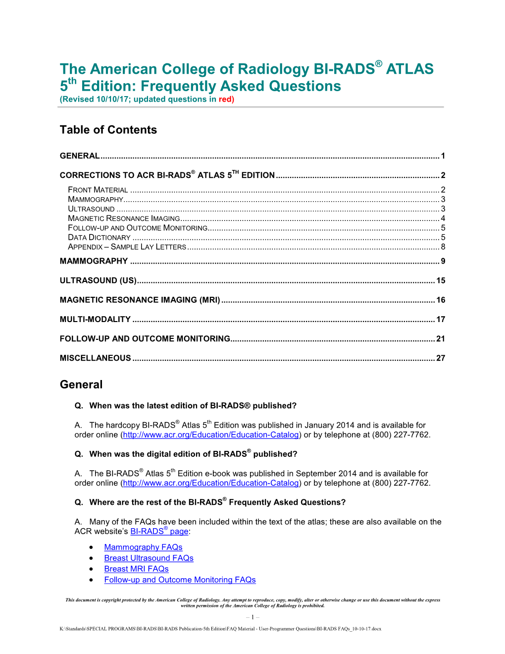 ACR BI-RADS Frequently Asked Questions and Corrections