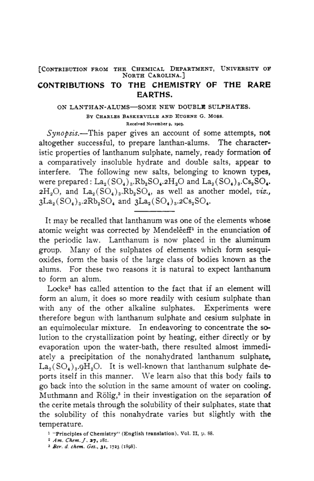 Contributions to the Chemistry of the Rare Earths