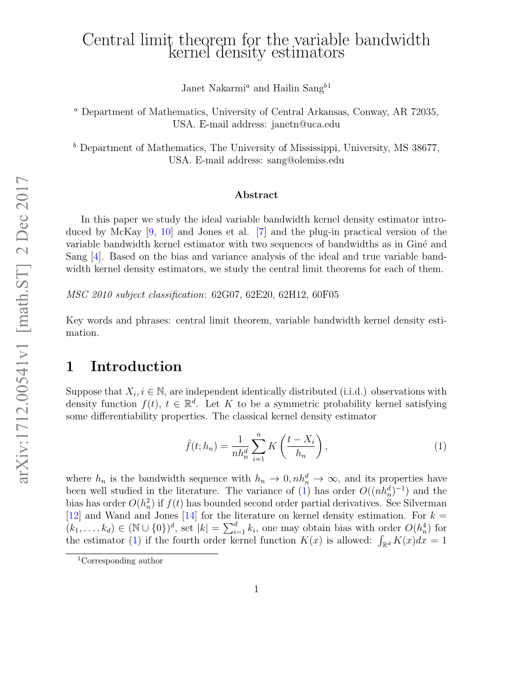 Central Limit Theorem for the Variable Bandwidth Kernel Density Estimators Arxiv:1712.00541V1 [Math.ST] 2 Dec 2017
