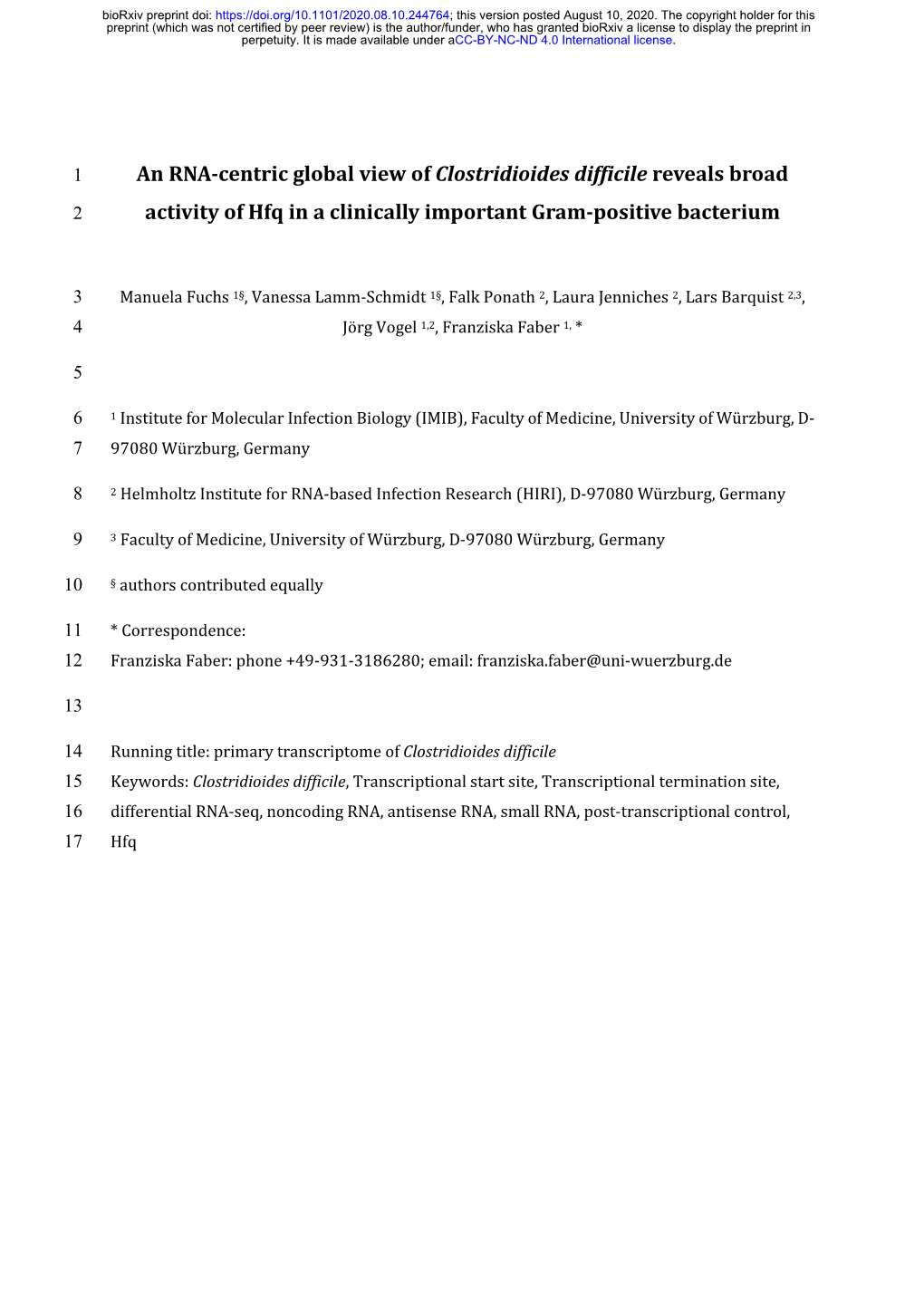 An RNA-Centric Global View of Clostridioides Difficile Reveals Broad 2 Activity of Hfq in a Clinically Important Gram-Positive Bacterium