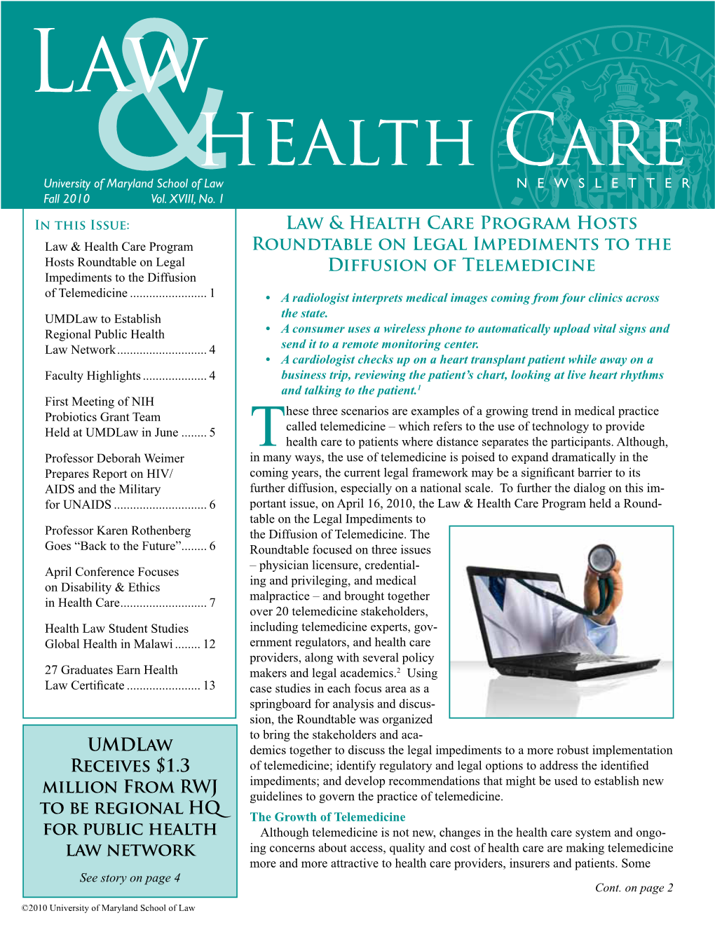 Health Care University of Maryland School of Law Newsletter Fall 2010 Vol