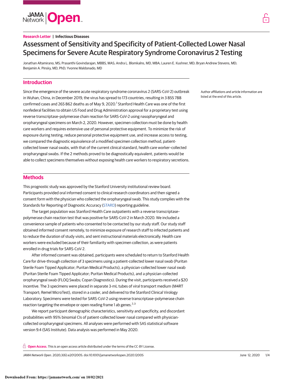 Assessment of Sensitivity and Specificity of Patient-Collected Lower Nasal Specimens for Severe Acute Respiratory Syndrome Coronavirus 2 Testing