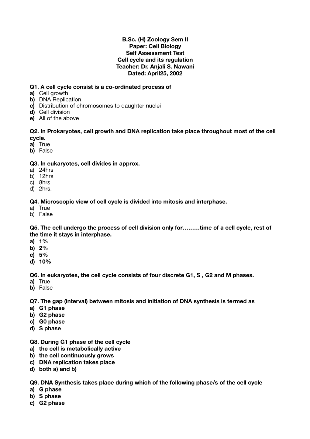 Self Assessment Test 1 Cell Cycle