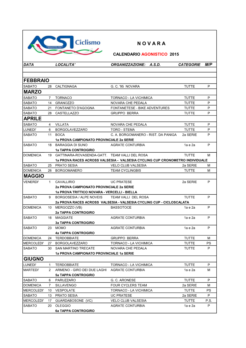 Calendario Strada 2015