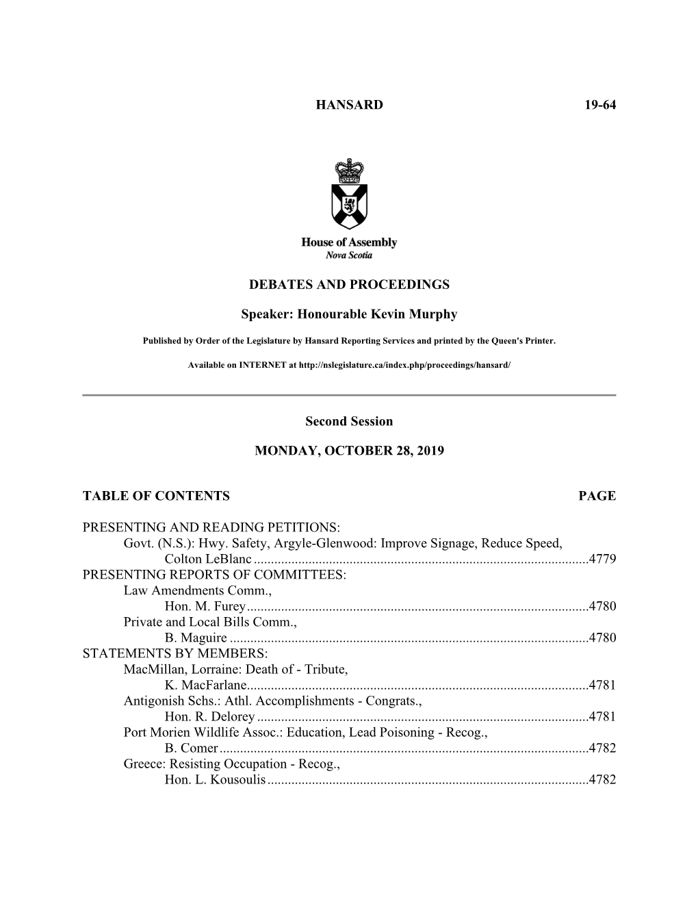 HANSARD 19-64 DEBATES and PROCEEDINGS Speaker