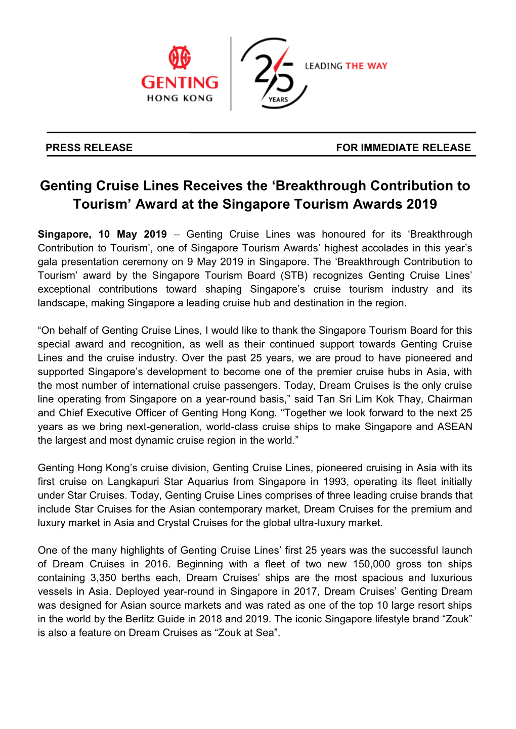 Genting Cruise Lines Receives the ‘Breakthrough Contribution to Tourism’ Award at the Singapore Tourism Awards 2019