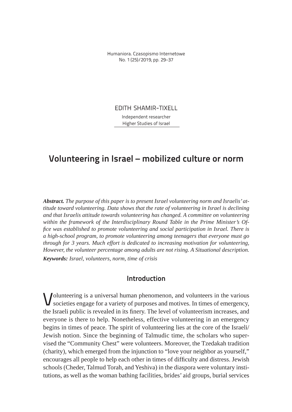 Volunteering in Israel – Mobilized Culture Or Norm