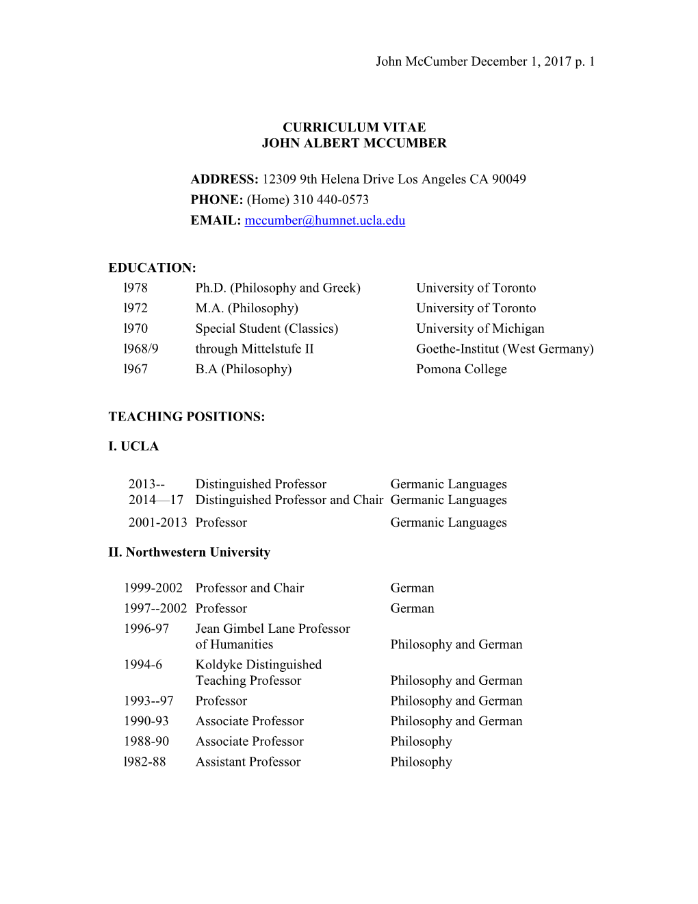 Curriculum Vitae John Albert Mccumber