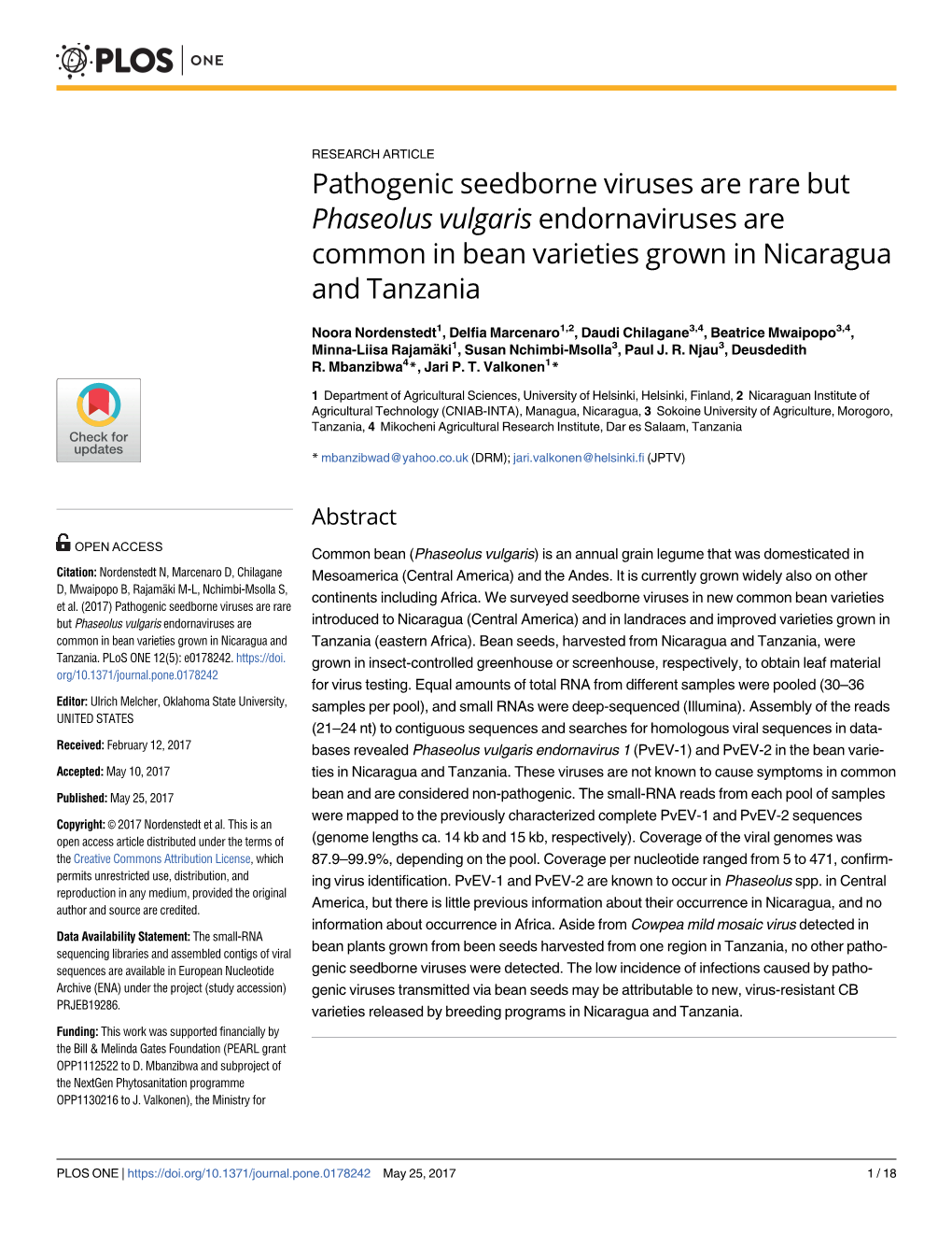 Pathogenic Seedborne Viruses Are Rare but Phaseolus Vulgaris Endornaviruses Are Common in Bean Varieties Grown in Nicaragua and Tanzania