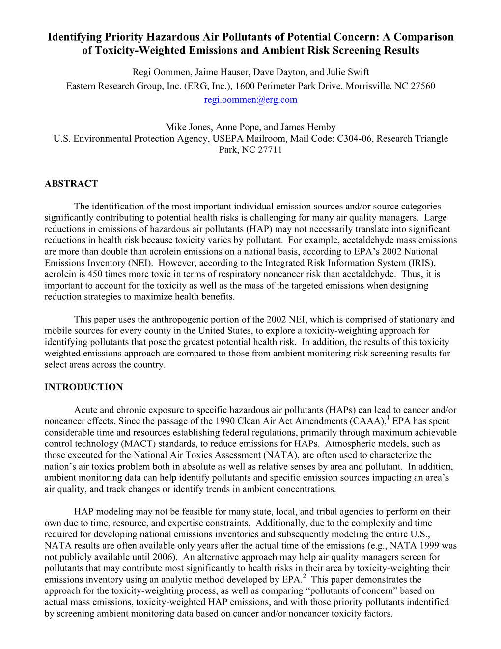 Identifying Priority Hazardous Air Pollutants of Potential Concern: a Comparison of Toxicity-Weighted Emissions and Ambient Risk Screening Results