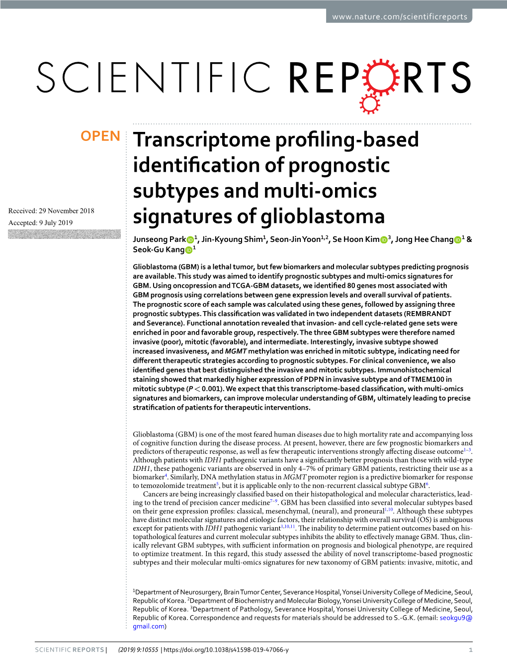 Transcriptome Profiling-Based Identification of Prognostic Subtypes