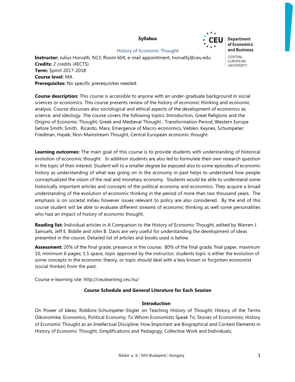 Syllabus History of Economic Thought Instructor: Julius Horvath, N13