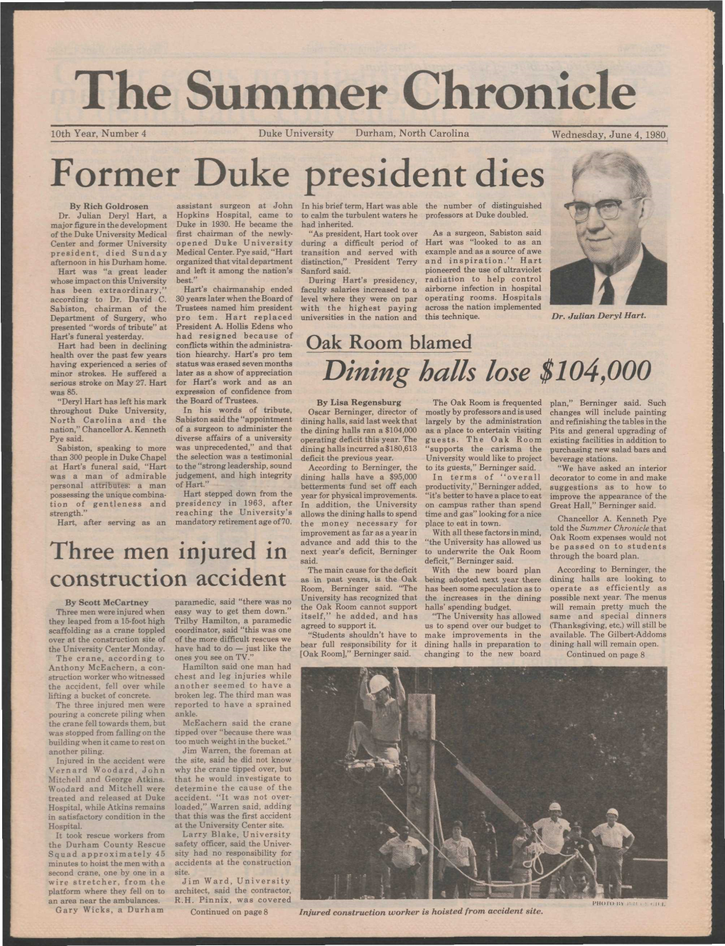 The Summer Chronicle 10Th Year, Number 4 Duke University Durham, North Carolina Wednesday, June 4, 1980