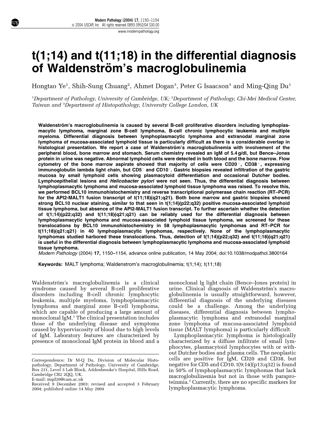 And T(11;18) in the Differential Diagnosis of Waldenstro¨ M’S Macroglobulinemia