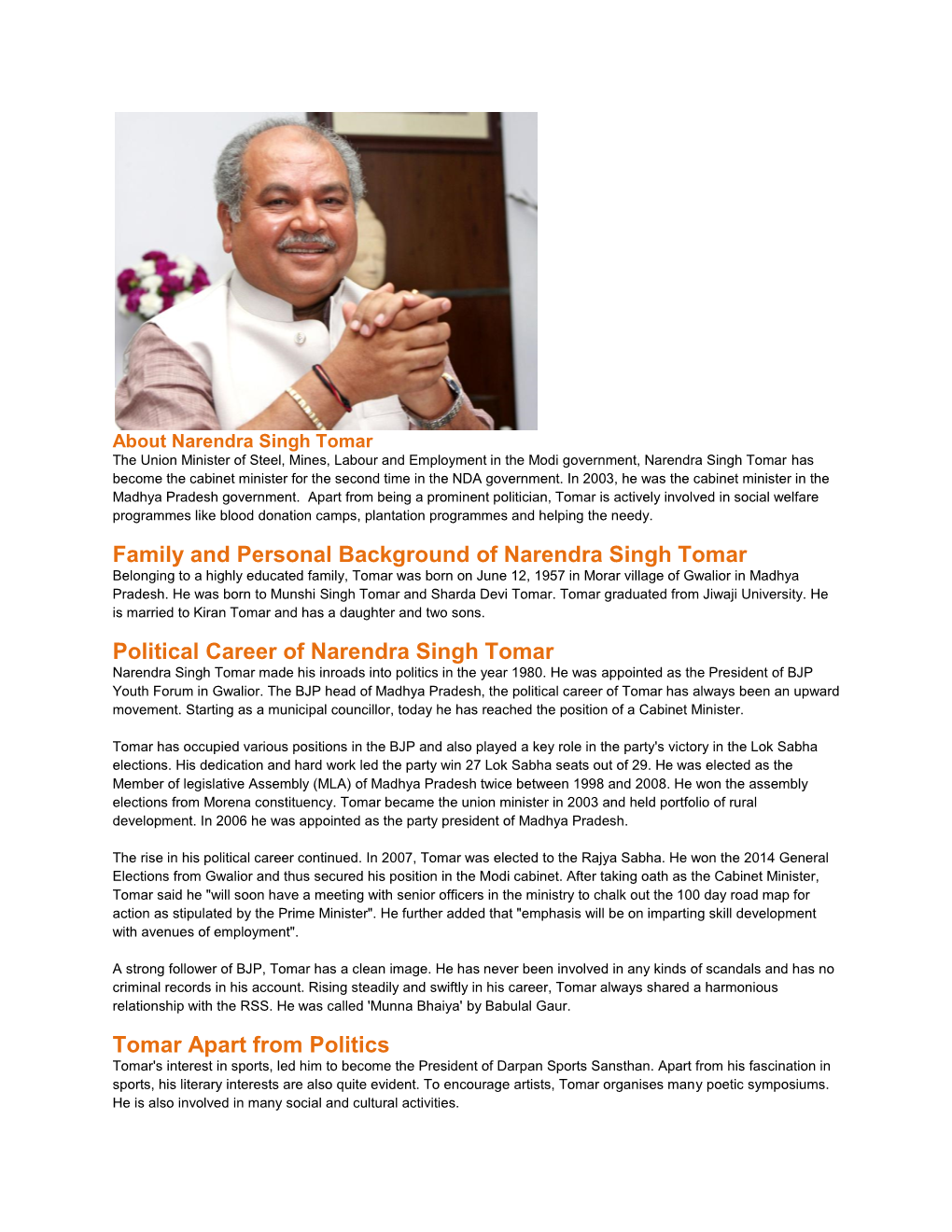 Family and Personal Background of Narendra Singh Tomar Political