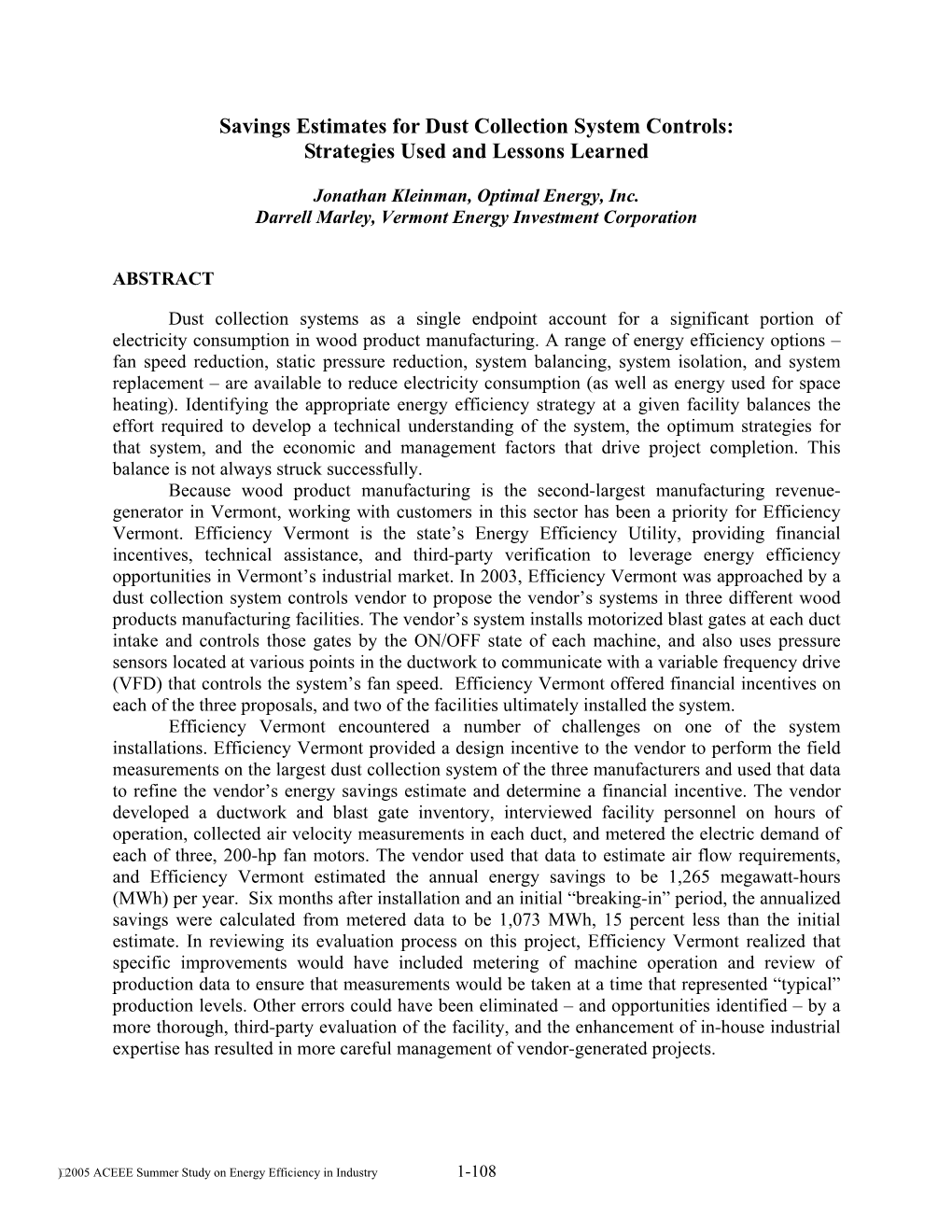 Savings Estimates for Dust Collection System Controls: Strategies Used and Lessons Learned