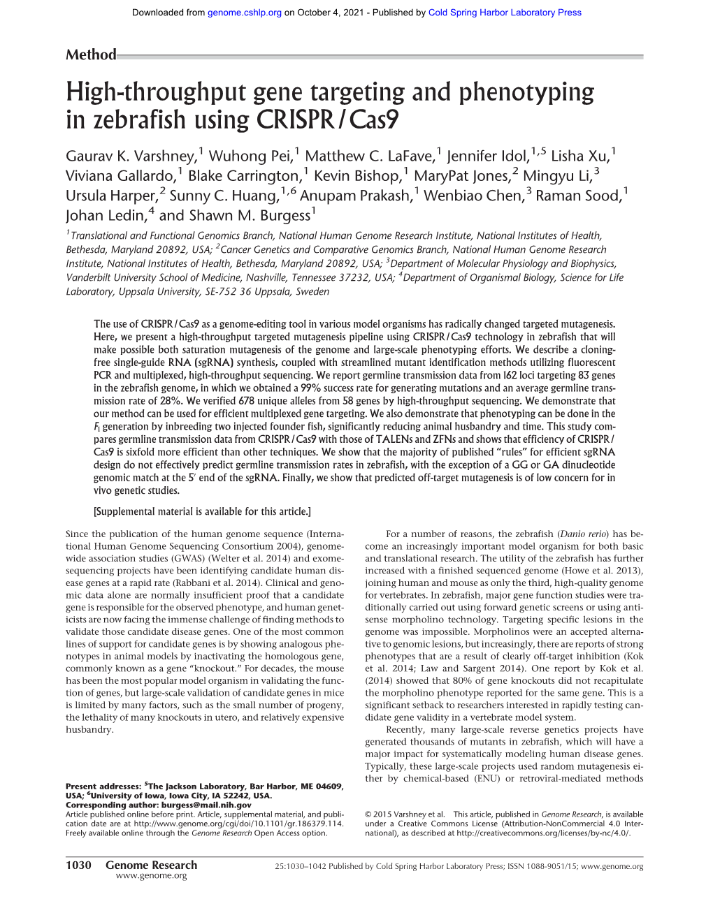 High-Throughput Gene Targeting and Phenotyping in Zebrafish Using CRISPR/Cas9