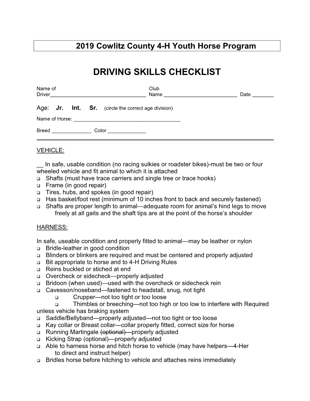 Driving Skills Checklist