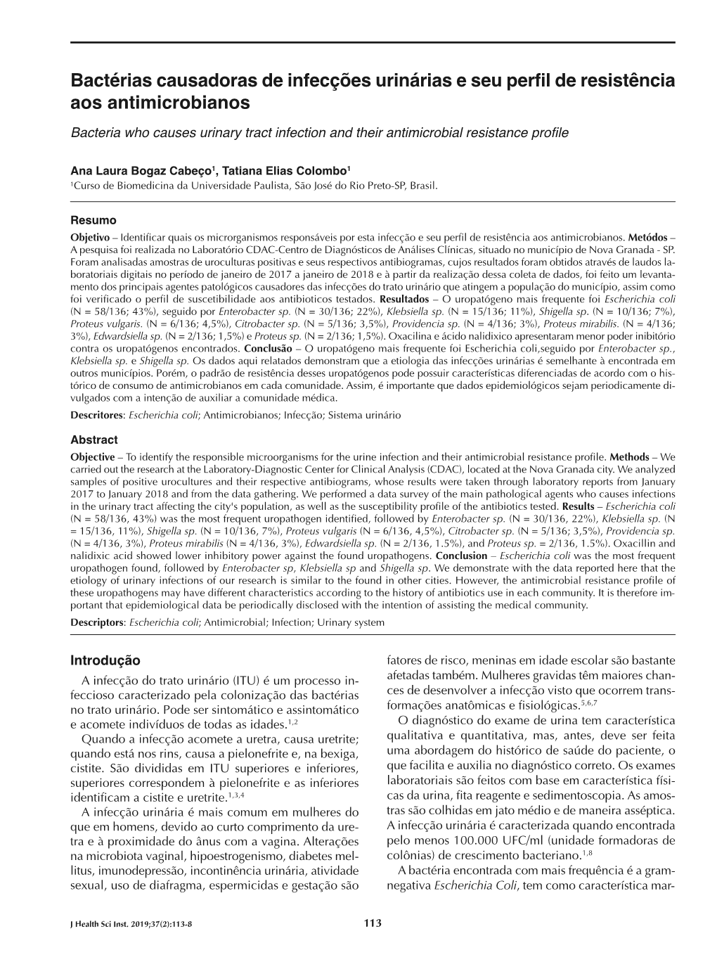 Bactérias Causadoras De Infecções Urinárias E Seu Perfil De Resistência Aos Antimicrobianos